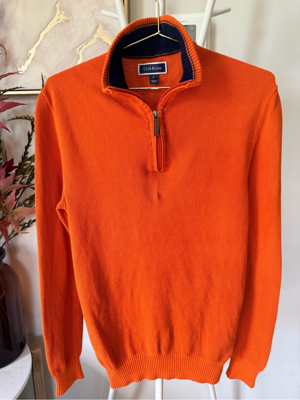 Club Room Bright Orange Half-Zip Sweater with Navy Trim